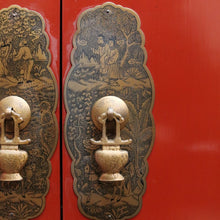 Load image into Gallery viewer, Vintage Chinese Style Red Lacquer Wedding Cabinet with Brass Medallion. B13075

