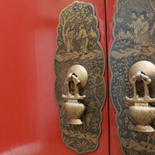 Load image into Gallery viewer, Vintage Chinese Style Red Lacquer Wedding Cabinet with Brass Medallion. B13075
