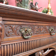 Load image into Gallery viewer, English Oak Sideboard with Carved Greenman Detail and Art Nouveau Handles. B12660
