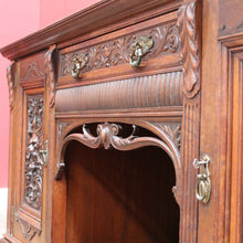 Load image into Gallery viewer, English Oak Sideboard with Carved Greenman Detail and Art Nouveau Handles. B12660
