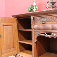 Load image into Gallery viewer, English Oak Sideboard with Carved Greenman Detail and Art Nouveau Handles. B12660
