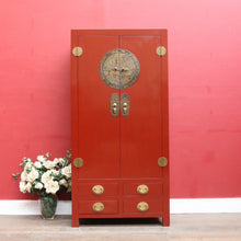 Load image into Gallery viewer, Vintage Chinese Style Red Lacquer Wedding Cabinet with Brass Medallion. B13076
