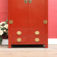 Load image into Gallery viewer, Vintage Chinese Style Red Lacquer Wedding Cabinet with Brass Medallion. B13076
