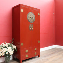 Load image into Gallery viewer, Vintage Chinese Style Red Lacquer Wedding Cabinet with Brass Medallion. B13076
