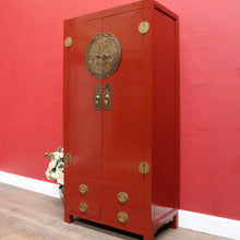 Load image into Gallery viewer, Vintage Chinese Style Red Lacquer Wedding Cabinet with Brass Medallion. B13076
