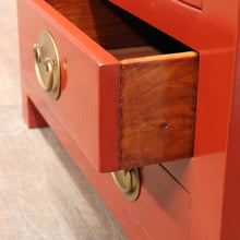 Load image into Gallery viewer, Vintage Chinese Style Red Lacquer Wedding Cabinet with Brass Medallion. B13076
