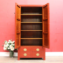 Load image into Gallery viewer, Vintage Chinese Style Red Lacquer Wedding Cabinet with Brass Medallion. B13076
