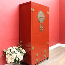 Load image into Gallery viewer, Vintage Chinese Style Red Lacquer Wedding Cabinet with Brass Medallion. B13076
