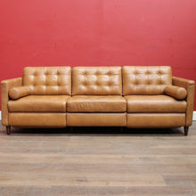 Load image into Gallery viewer, Vintage Tan Leather Three Seater Button Tufted Electric Recliner Lounge. B13084
