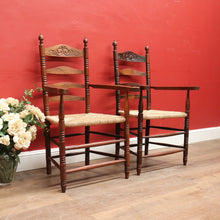 Load image into Gallery viewer, Pair of Antique French Carver Chairs with Rush Seats and Carved Ladder Backs. B12693
