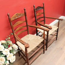 Load image into Gallery viewer, Pair of Antique French Carver Chairs with Rush Seats and Carved Ladder Backs. B12693
