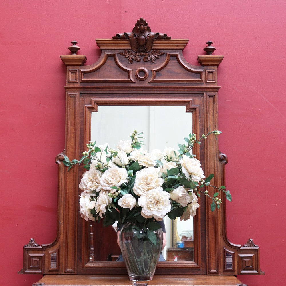 Antique French Walnut Overmantel Mirror with Carved Detail and Central Crest. B12698