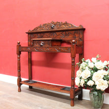 Load image into Gallery viewer, Antique English Oak Gothic Revival Umbrella Stand with Green Man Carved Pediment. B13083
