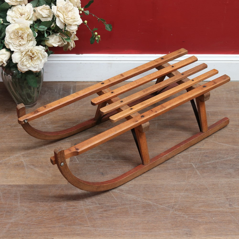 x SOLD - Vintage German Timber Child’s Sleigh by Davos Germina Marked Made in GDR. 12667