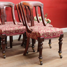 Load image into Gallery viewer, Set of Six Antique English Mahogany Victorian Dining Chairs with Porcelain Castors and Damask Upholstered Seats. 13080

