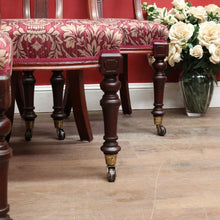 Load image into Gallery viewer, Set of Six Antique English Mahogany Victorian Dining Chairs with Porcelain Castors and Damask Upholstered Seats. 13080
