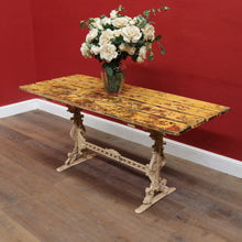 Load image into Gallery viewer, Vintage Cast Garden Pub Table with Timber Plank Top and Ornate Trestle Base. B13066
