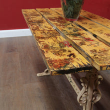Load image into Gallery viewer, Vintage Cast Garden Pub Table with Timber Plank Top and Ornate Trestle Base. B13066
