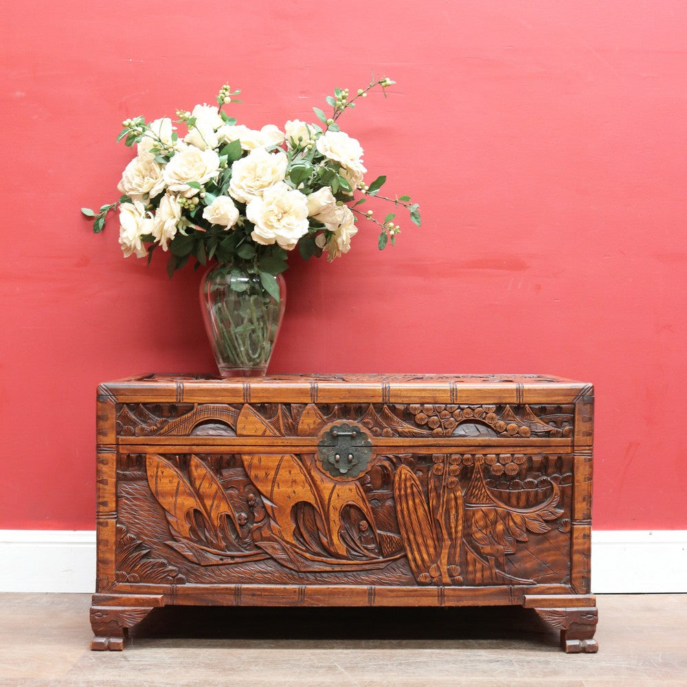Vintage Carved Camphor Box with Brass Latch and Sliding Tray. B12683