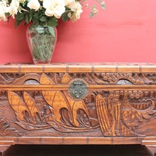 Load image into Gallery viewer, Vintage Carved Camphor Box with Brass Latch and Sliding Tray. B12683
