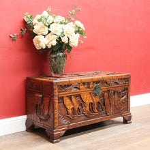 Load image into Gallery viewer, Vintage Carved Camphor Box with Brass Latch and Sliding Tray. B12683
