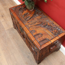Load image into Gallery viewer, Vintage Carved Camphor Box with Brass Latch and Sliding Tray. B12683
