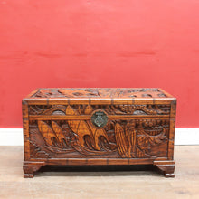 Load image into Gallery viewer, Vintage Carved Camphor Box with Brass Latch and Sliding Tray. B12683
