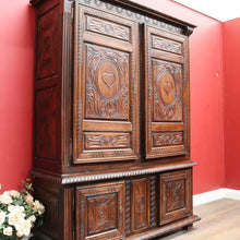 Load image into Gallery viewer, Antique French Oak Breton Marriage Cabinet Two Piece Four Door Carved Display Cabinet. B13111
