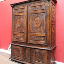 Load image into Gallery viewer, Antique French Oak Breton Marriage Cabinet Two Piece Four Door Carved Display Cabinet. B13111

