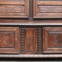 Load image into Gallery viewer, Antique French Oak Breton Marriage Cabinet Two Piece Four Door Carved Display Cabinet. B13111
