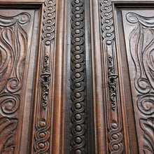 Load image into Gallery viewer, Antique French Oak Breton Marriage Cabinet Two Piece Four Door Carved Display Cabinet. B13111
