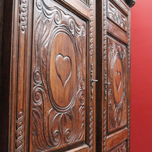 Load image into Gallery viewer, Antique French Oak Breton Marriage Cabinet Two Piece Four Door Carved Display Cabinet. B13111
