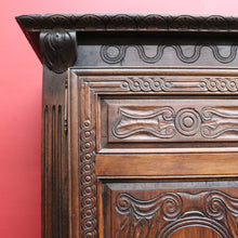 Load image into Gallery viewer, Antique French Oak Breton Marriage Cabinet Two Piece Four Door Carved Display Cabinet. B13111
