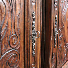 Load image into Gallery viewer, Antique French Oak Breton Marriage Cabinet Two Piece Four Door Carved Display Cabinet. B13111
