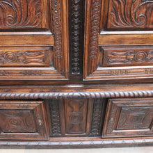 Load image into Gallery viewer, Antique French Oak Breton Marriage Cabinet Two Piece Four Door Carved Display Cabinet. B13111
