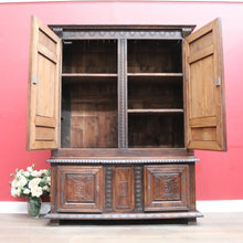 Load image into Gallery viewer, Antique French Oak Breton Marriage Cabinet Two Piece Four Door Carved Display Cabinet. B13111
