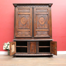 Load image into Gallery viewer, Antique French Oak Breton Marriage Cabinet Two Piece Four Door Carved Display Cabinet. B13111
