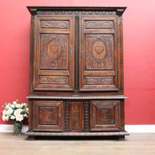 Load image into Gallery viewer, Antique French Oak Breton Marriage Cabinet Two Piece Four Door Carved Display Cabinet. B13111
