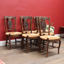 Load image into Gallery viewer, Set of Six Antique French Dining Chairs with Carved Details and Curved Backs and Floral Centrepiece. B12642
