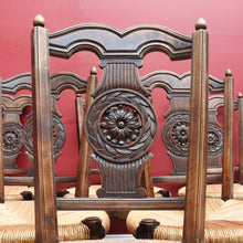 Load image into Gallery viewer, Set of Six Antique French Dining Chairs with Carved Details and Curved Backs and Floral Centrepiece. B12642
