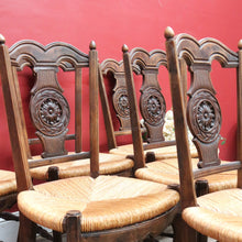 Load image into Gallery viewer, Set of Six Antique French Dining Chairs with Carved Details and Curved Backs and Floral Centrepiece. B12642
