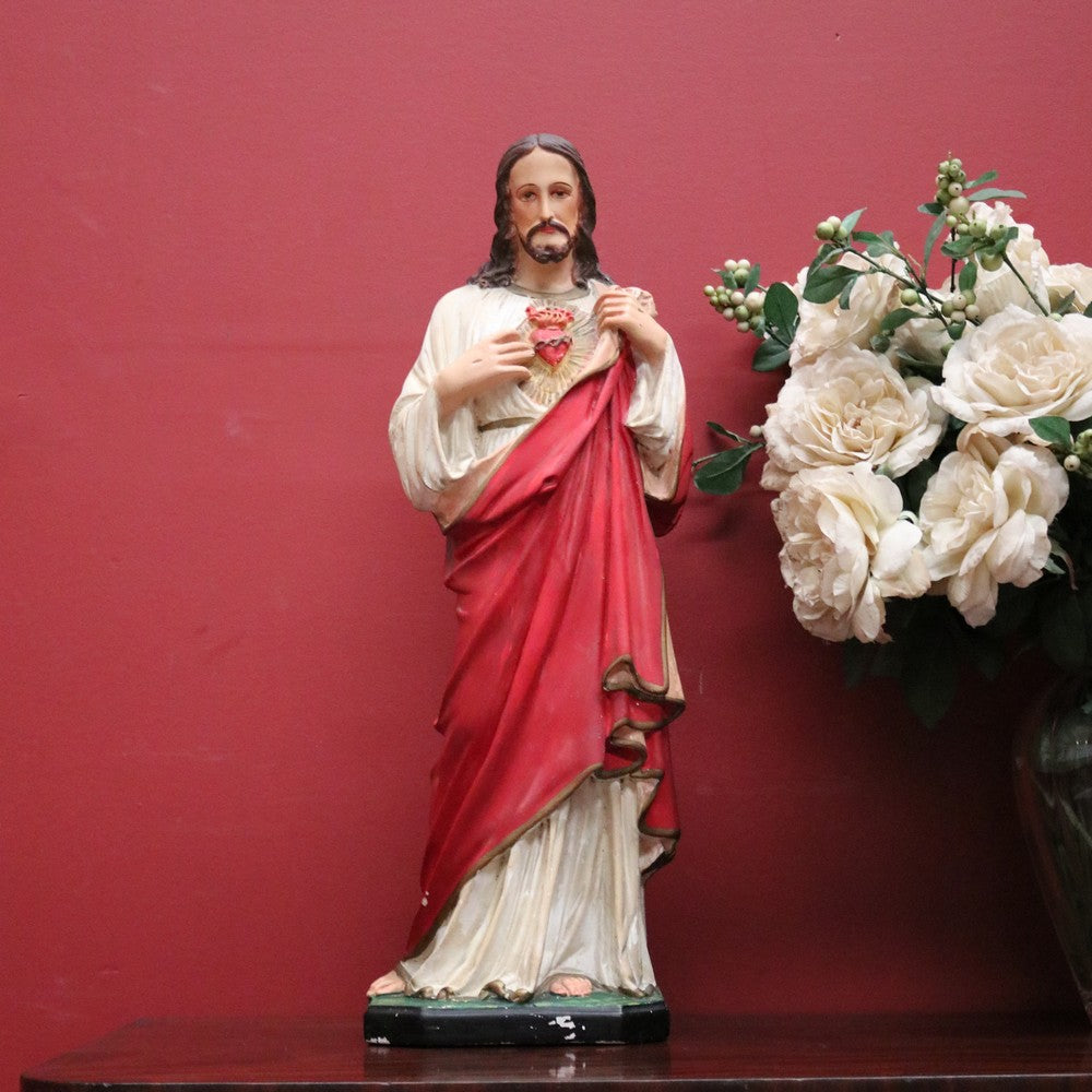 Antique French Statue of Jesus, Sacred Heart of Jesus – Plaster, Hand-Painted, B12390