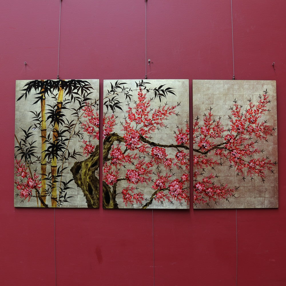 Set of Three Japanese Cherry Blossom Artworks with Gold Leaf and Lacquer Finish. B12879
