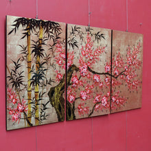 Load image into Gallery viewer, Set of Three Japanese Cherry Blossom Artworks with Gold Leaf and Lacquer Finish. B12879
