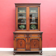 Load image into Gallery viewer, Antique English Oak Two Height Bookcase, Glazed Doors Panel Cupboard and Drawers. B13088
