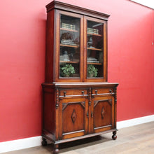 Load image into Gallery viewer, Antique English Oak Two Height Bookcase, Glazed Doors Panel Cupboard and Drawers. B13088

