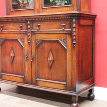 Load image into Gallery viewer, Antique English Oak Two Height Bookcase, Glazed Doors Panel Cupboard and Drawers. B13088
