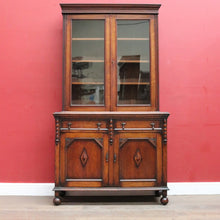 Load image into Gallery viewer, Antique English Oak Two Height Bookcase, Glazed Doors Panel Cupboard and Drawers. B13088
