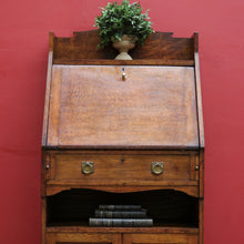 Load image into Gallery viewer, x SOLD Antique English Oak Slimline Drop Front Writing Bureau with Brass Handles Arts and Crafts Era. B12687
