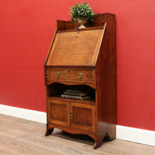Load image into Gallery viewer, x SOLD Antique English Oak Slimline Drop Front Writing Bureau with Brass Handles Arts and Crafts Era. B12687
